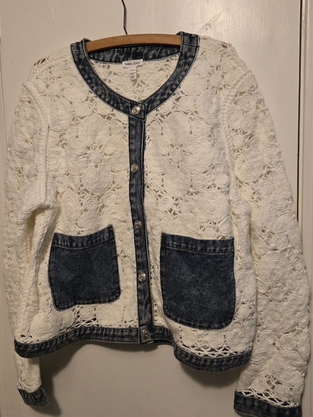Tribal Jeans Mixed Media Crochet Denim Jacket Off White Cream XL Excellent